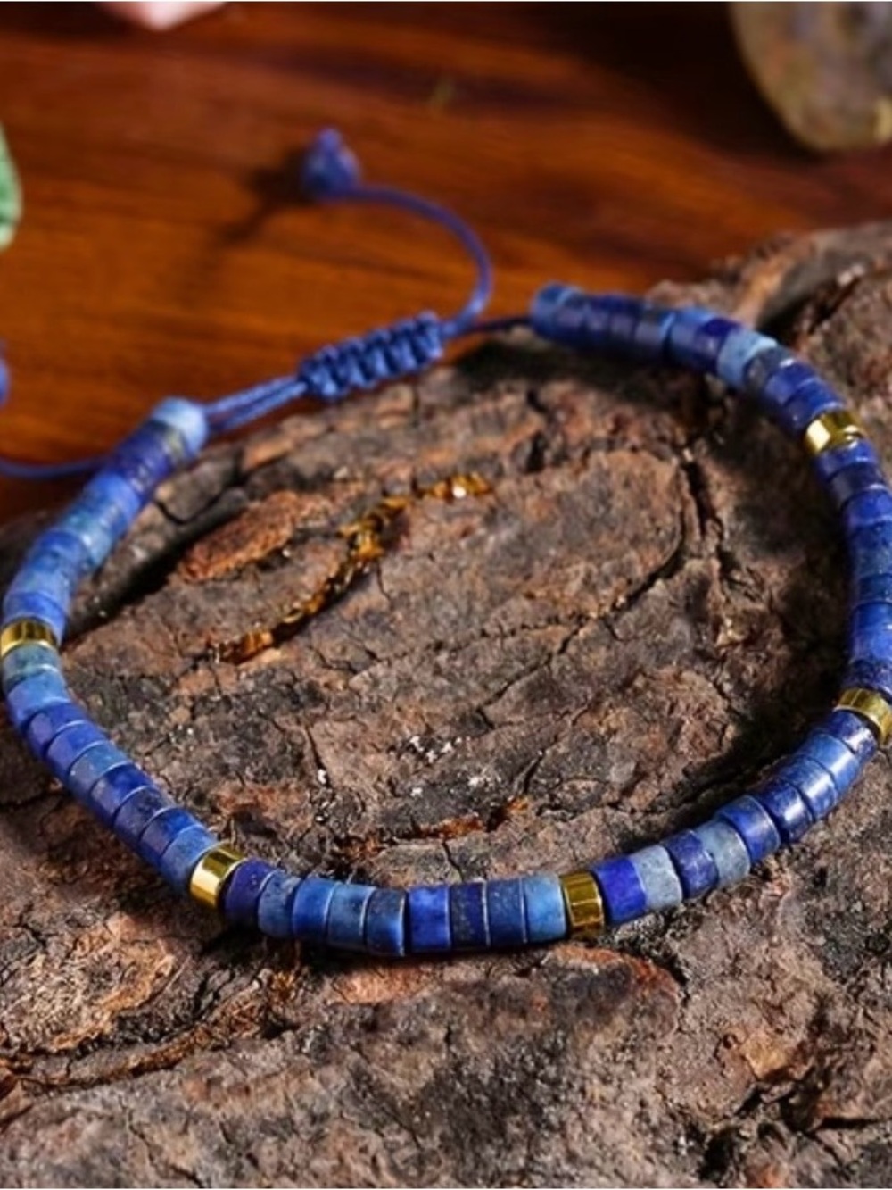 Lapis Navy Blue Beaded Adjustable Bracelet with Gold Accents
